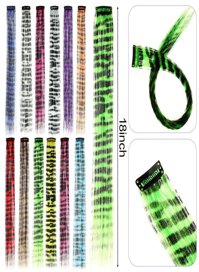 Suncalla 12 Pcs Stripe Printed Wig Piece Colorful Raccoon Tail Hair Extensions 18'' Synthetic Long Straight Clip-in Hair Extensions for Women Daily Use Halloween - Image 2